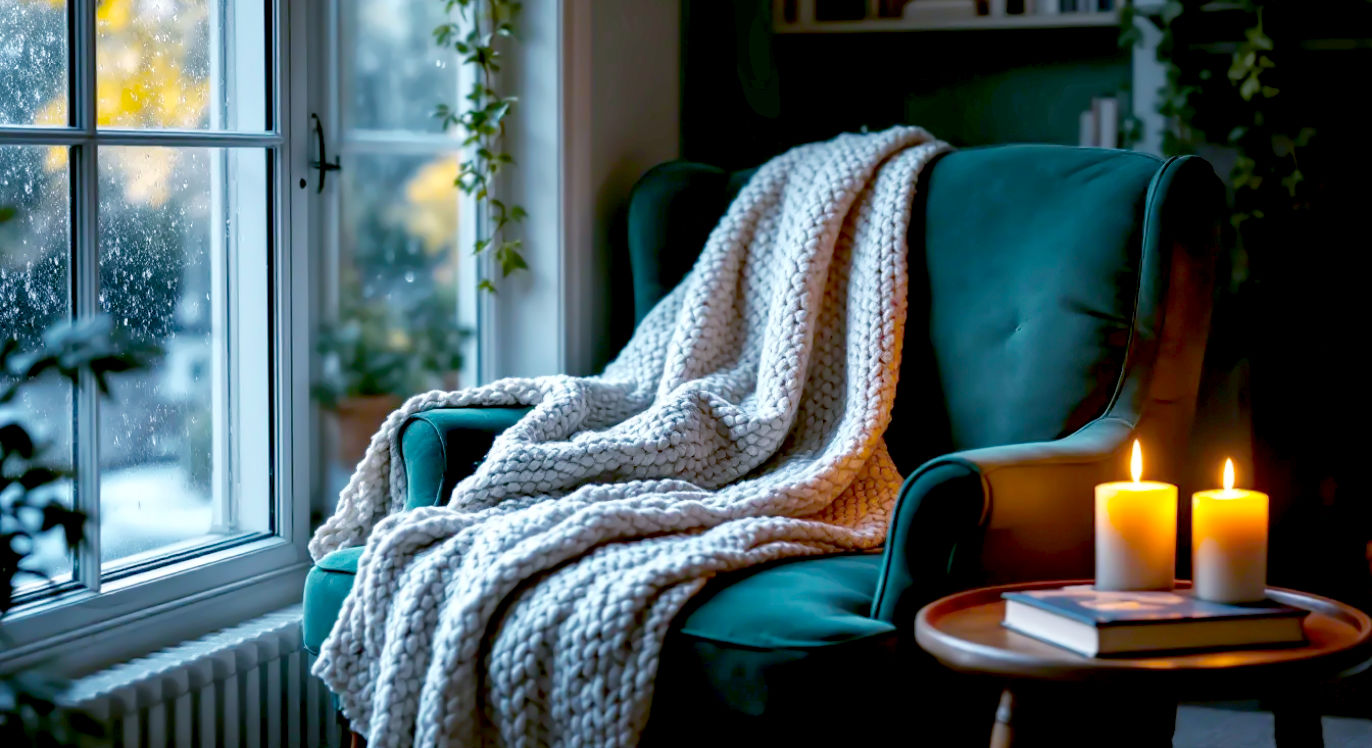 A hyper-realistic, professional photograph in the style of a feature in The English Home magazine. The image captures a quintessential British living room corner on a rainy autumn afternoon. A comfortable, deep armchair in a worn, dark green velvet is positioned next to a traditional sash window with raindrops trickling down the glass. On the chair rests a chunky, cream-coloured knitted throw and a classic hardback book left open. Next to it, a small, dark oak side table holds a steaming mug of tea in a ceramic mug and a single lit beeswax pillar candle, its flame casting a warm, flickering glow. The background is softly out of focus but hints at a bookshelf and a fireplace. The lighting is soft, warm, and deeply atmospheric, evoking a powerful sense of peace, comfort, and sanctuary.