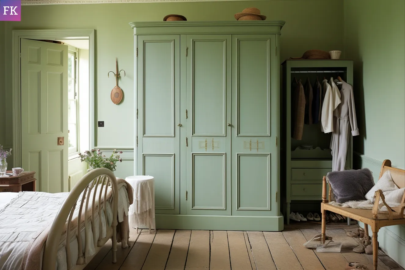 Traditional bedroom wardrobe in green, matching the walls of the bedroom