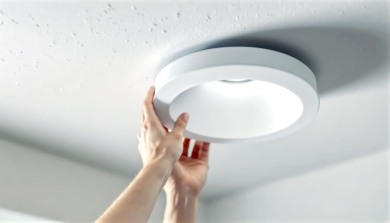 A hyper-realistic, professional photograph in the style of a modern UK home interiors magazine. The image shows a close-up, slightly angled view of a stylish, minimalist white ceiling downlight being installed by a person whose hands are visible. The background is a clean, plaster-dusted ceiling, suggesting a home renovation. The lighting is bright and natural, coming from an unseen window, creating soft shadows. The mood is clean, professional, and informative, focusing on the detail of the light fitting. The image should feel authentic and relevant to a British homeowner doing DIY or hiring an electrician.