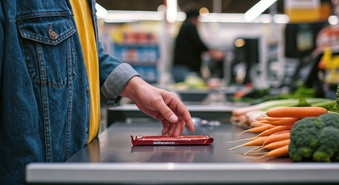 A hyper-realistic, professional photograph in the style of a modern, bright lifestyle magazine. The image shows a close-up, over-the-shoulder shot of a person in their late 20s standing at a British supermarket checkout. Their hand is paused just above a tempting bar of chocolate on the display. The person has a calm, thoughtful expression, subtly conveying a moment of mindful choice. The background is softly blurred, showing the conveyor belt with fresh, colourful vegetables like carrots and broccoli. The lighting is natural and warm, creating a feeling of calm and empowerment. The overall mood is positive, serene, and relatable to a UK audience.
