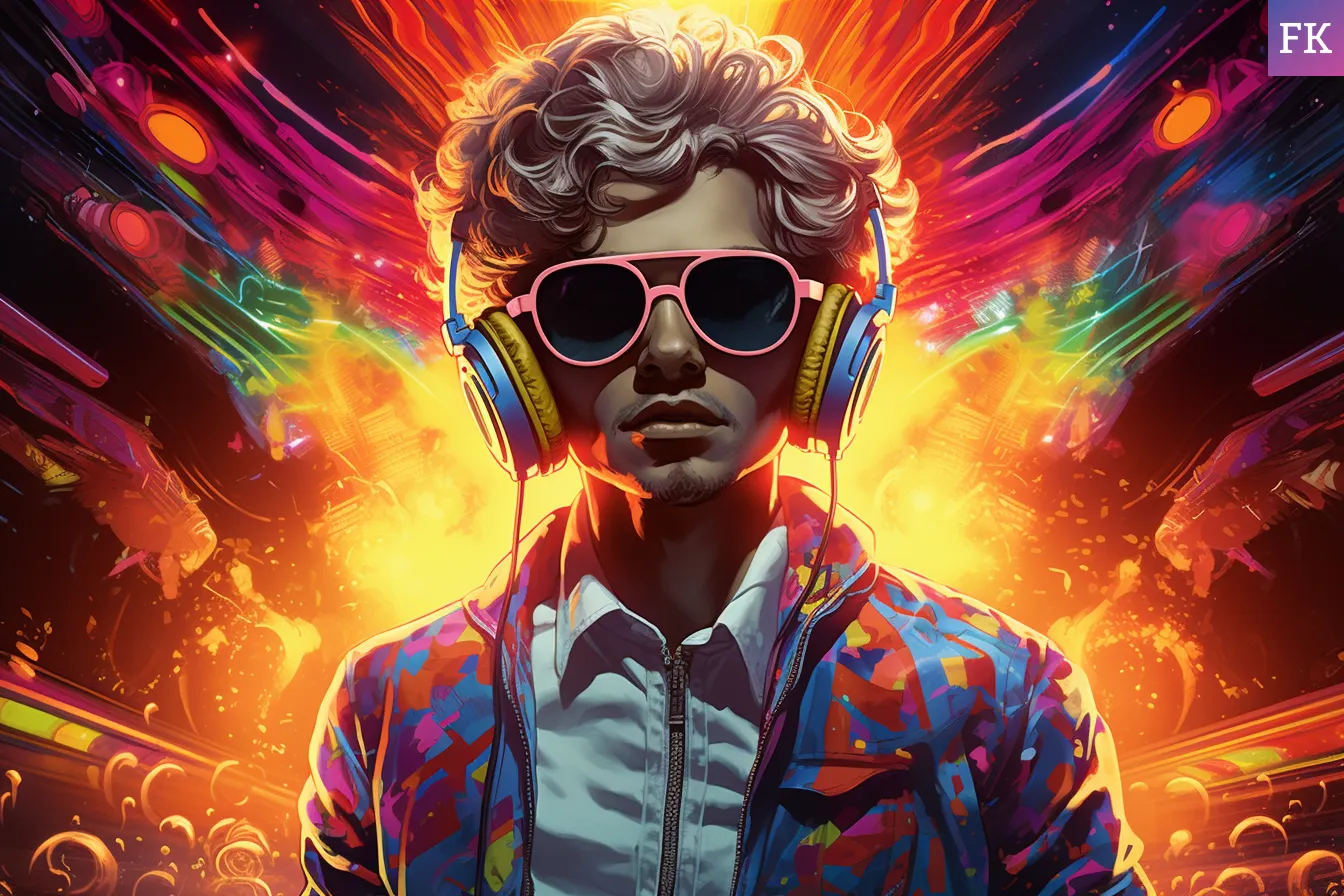 A handsome young chap wearing pink shades and a casual suit in a nightclub setting, lit from behind with multicoloured laser lights.