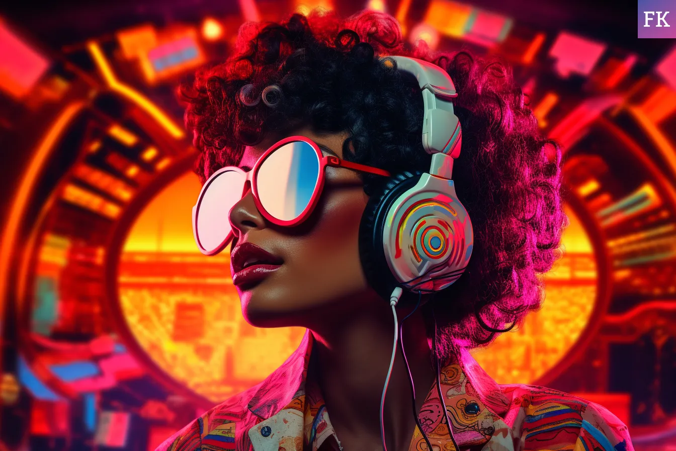 An attractive young lady listening to the silent disco on chunky headphones with retro style oversized sunglasses on in a nightclub setting with psychedelic lighting in the background for a hippy chic vibe.