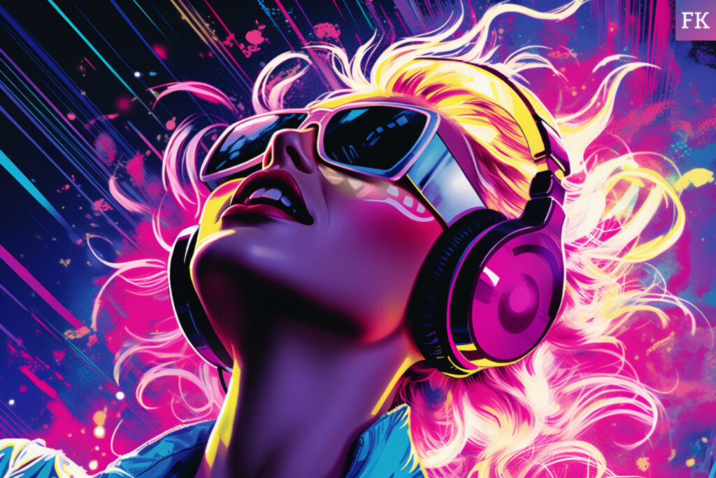 Blonde Woman Enjoying Music On Headphones with Neon Background, Illustrating the Section: What is a Silent Disco?