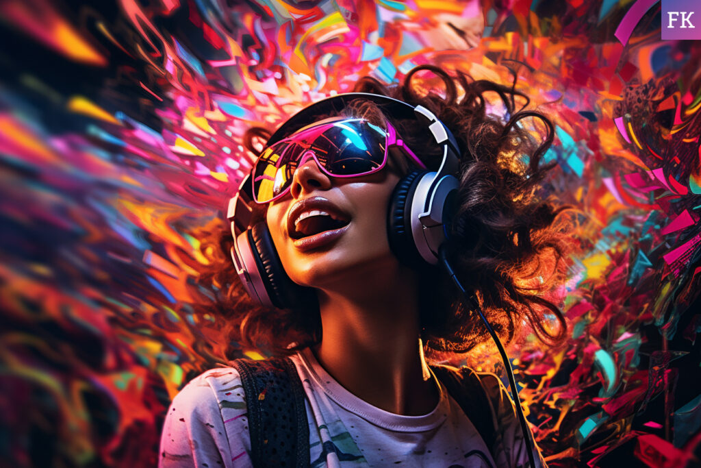 A young woman enjoys music on her headphones at a silent disco with rave lighting in background, illustrating the appeal of silent discos