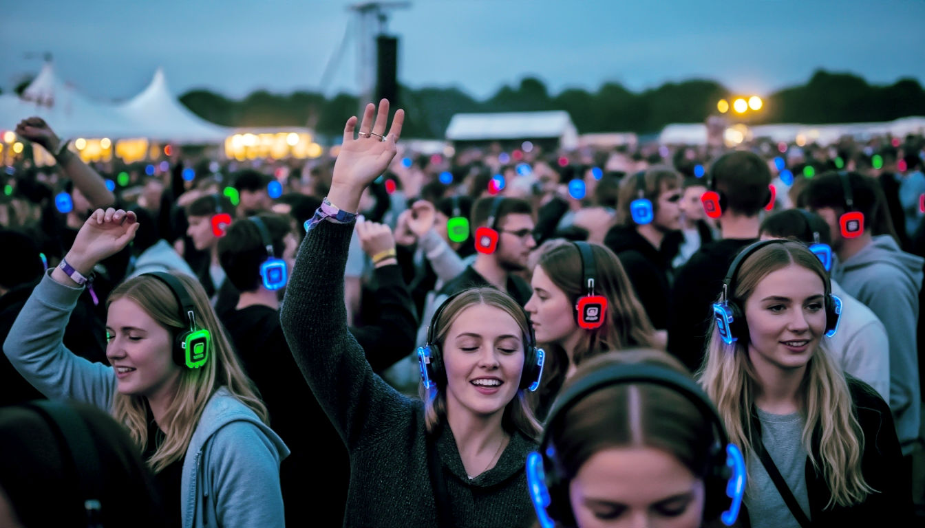 Hyper-realistic, professional photograph capturing the vibrant energy of a silent disco at a major UK music festival at dusk. A crowd of young people are dancing enthusiastically, their faces lit with joy. Their headphones glow in distinct neon blues, reds, and greens, creating streaks of light against the darkening festival background with tents and stages visible in the soft-focus distance. The atmosphere is energetic yet intimate. Style of a high-end music magazine feature.