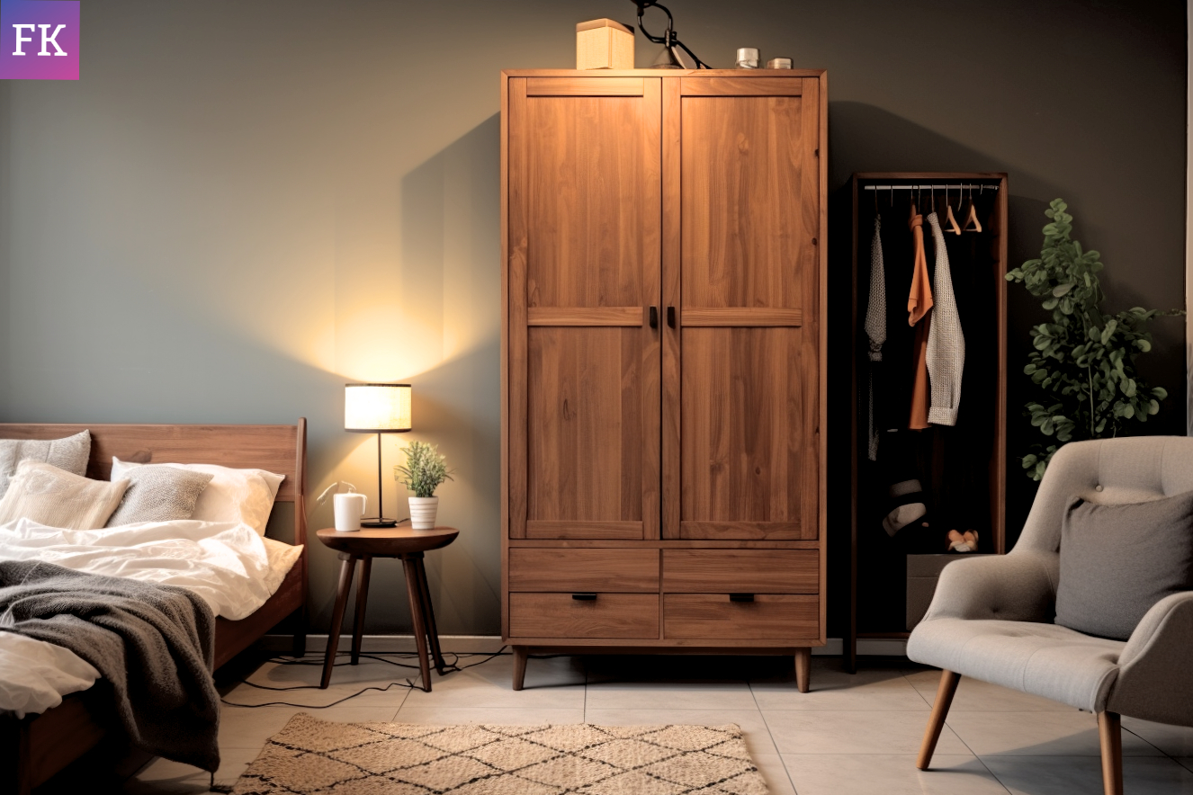 Traditional Wardrobe made of wood, freestanding in a bedroom in the evening