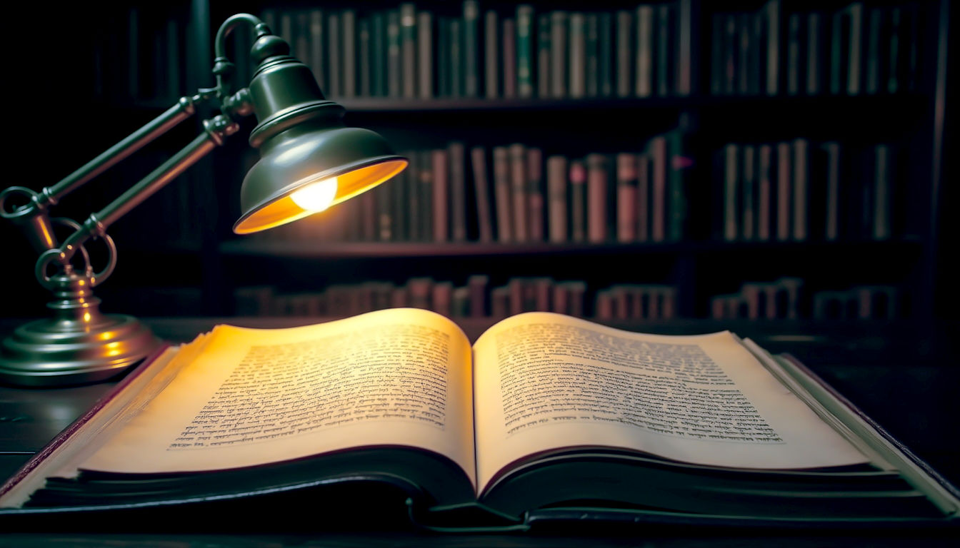 Hyper-realistic photograph in the style of a British Library feature. An ancient, well-preserved palm-leaf manuscript, written in Prakrit script, lies open on a dark oak desk. Soft, scholarly light from a brass reading lamp illuminates the delicate text. In the background, out of focus, are shelves of old, leather-bound books, suggesting a tranquil, timeless pursuit of knowledge. The mood is contemplative, reverent, and deeply intellectual, evoking a sense of profound wisdom being studied.