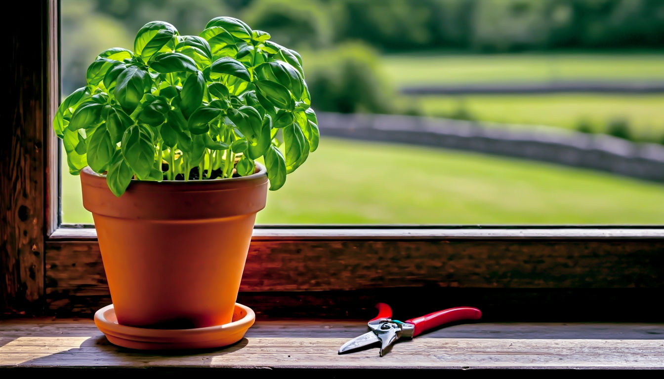 A hyper-realistic, shallow depth-of-field photograph in the style of a BBC Countryfile feature. A sturdy, healthy basil plant in a terracotta pot sits on a sun-drenched, rustic wooden kitchen windowsill. A pair of well-worn secateurs rests next to the pot. In the background, out of focus, a typical British rural landscape with rolling green hills and a hint of a grey stone wall is visible. Soft, natural light streams in, highlighting the vibrant green leaves of the basil. The mood is calm, natural, and quintessentially British.