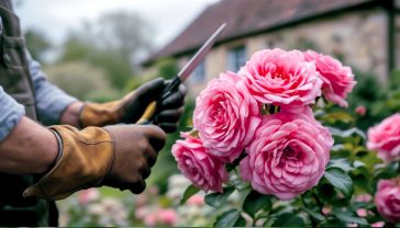 A pair of weathered hands wearing classic leather gardening gloves is carefully pruning a magnificent, deep pink David Austin rose bush in full bloom. The setting is a quintessential English cottage garden on a slightly overcast but bright morning. Soft, diffused light filters through. In the background, a stone cottage with a slate roof is slightly out of focus. The mood is peaceful, authentic, and inspiring.