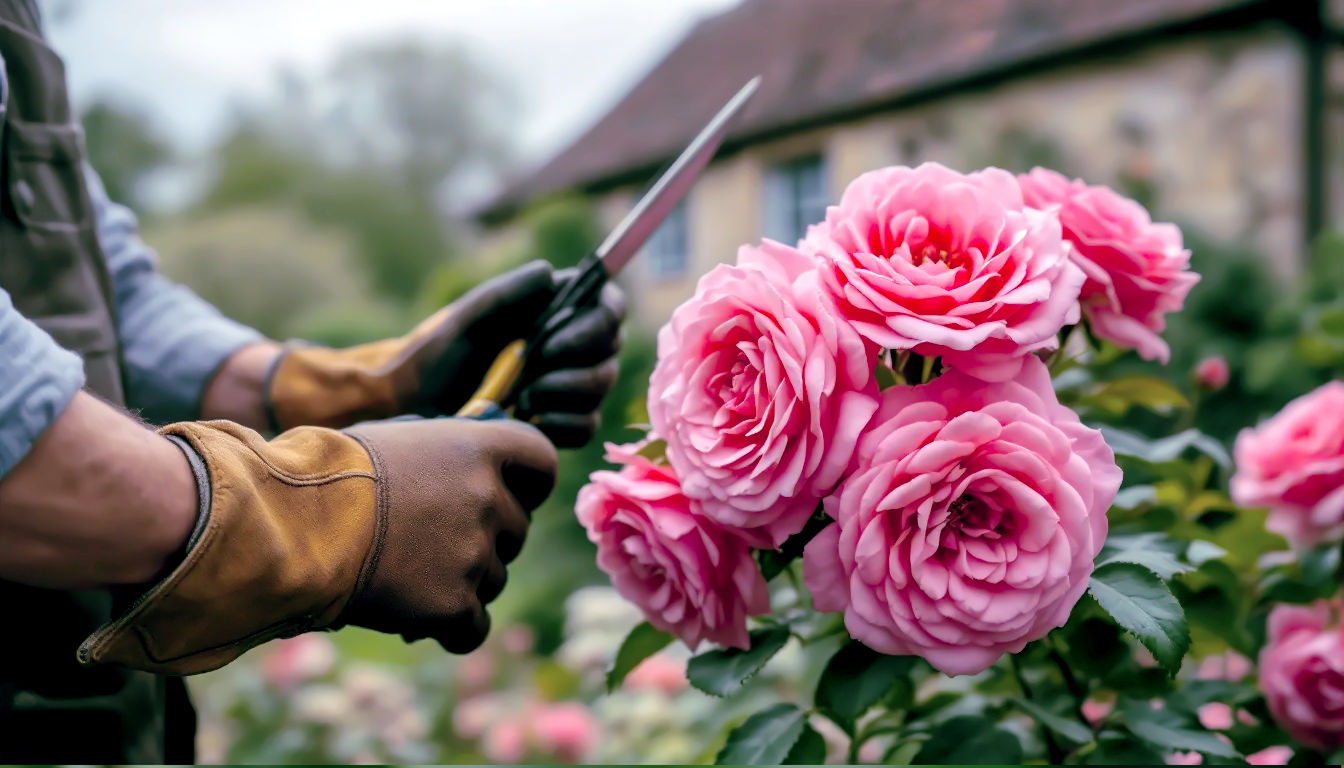 A pair of weathered hands wearing classic leather gardening gloves is carefully pruning a magnificent, deep pink David Austin rose bush in full bloom. The setting is a quintessential English cottage garden on a slightly overcast but bright morning. Soft, diffused light filters through. In the background, a stone cottage with a slate roof is slightly out of focus. The mood is peaceful, authentic, and inspiring.