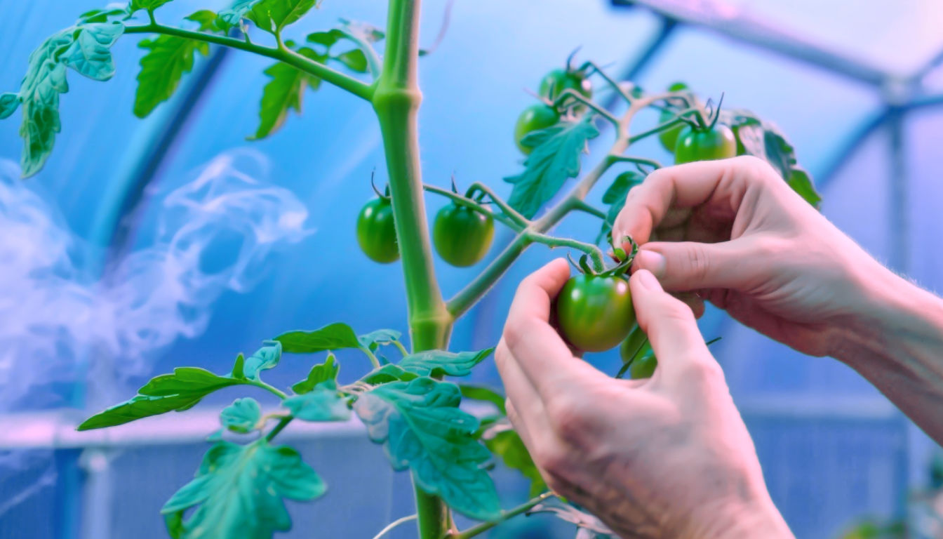 A focused, hyper-realistic photograph in the style of a Country Living feature. The shot is a tight close-up on a person's hands carefully pinching out a small, leafy sideshoot from a tall cordon tomato plant. The main stem of the plant is thick and strong, with trusses of developing green tomatoes clearly visible. The lighting is bright and clear, showcasing the vibrant green of the healthy leaves and the texture of the growing fruit. The scene is set within a well-ventilated, tidy greenhouse.