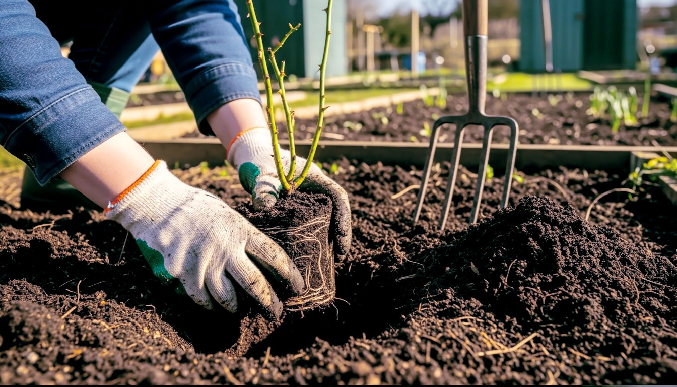A hyper-realistic photograph in the style of an RHS magazine feature. A low-angle shot capturing the process of planting a bare-root rose in rich, dark compost. A pair of hands in muddy gardening gloves is gently arranging the roots in a freshly dug hole. The scene is set in a British allotment in early spring, with clear, bright morning light. In the background, other prepared flowerbeds and a garden fork leaning against a shed are softly blurred. The mood is practical, optimistic, and grounded.