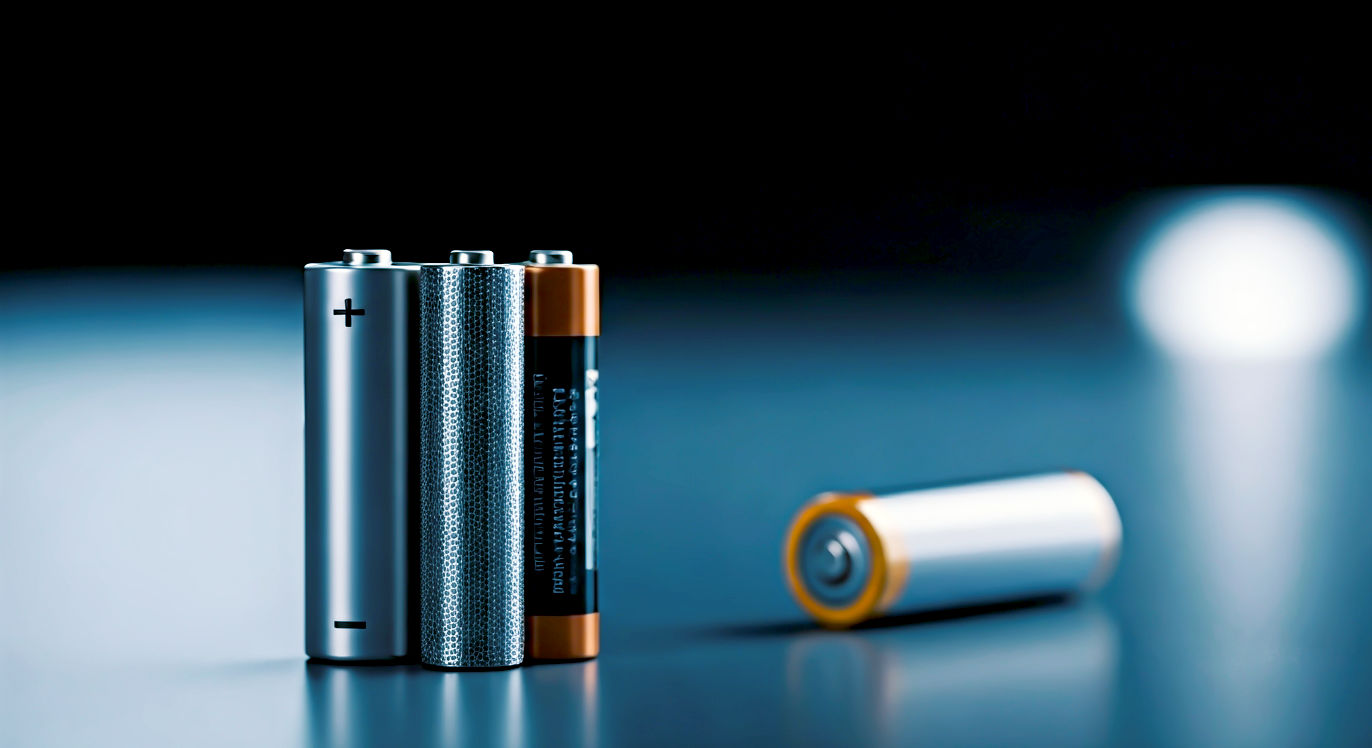 A hyper-realistic, professional photograph in the style of a product review from a tech website. The image features three different AA batteries standing upright in a clean, diagonal line on a slightly reflective, neutral grey surface. From left to right: a well-known brand of alkaline battery (like Duracell), a high-performance lithium battery (like Energizer Ultimate Lithium), and a modern rechargeable NiMH battery (like Panasonic Eneloop). The lighting is bright and clinical, highlighting the different branding and textures of each battery. The composition is sharp and focused, with a shallow depth of field blurring the background slightly, conveying expertise and a clear, modern, consumer-focused theme relevant to a UK audience.