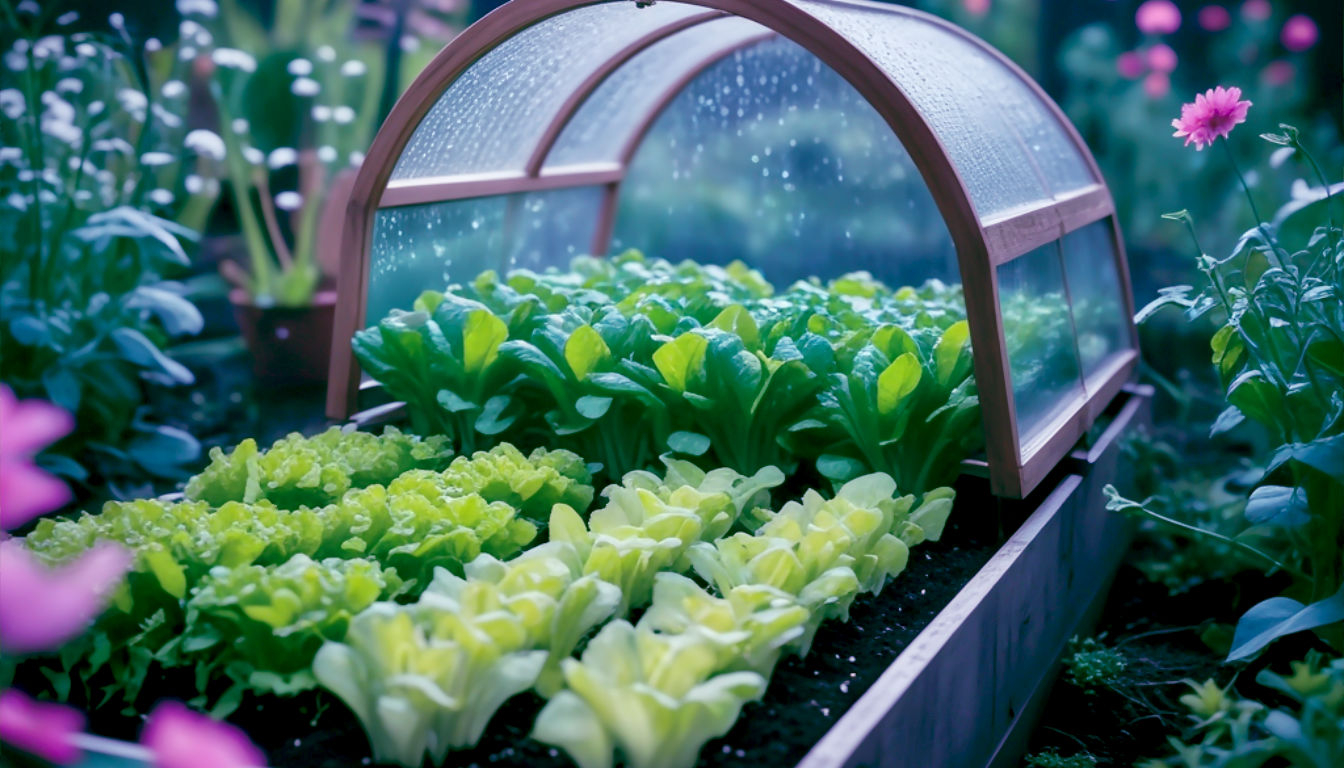 A hyper-realistic, professional photograph depicting a raised bed in early British spring. The bed is covered with an elegant, well-crafted wooden cold frame, its glass lid slightly propped open for ventilation and misted with morning condensation. Inside, rows of vibrant, healthy lettuce seedlings and young broad bean plants are thriving, protected from the cool air. The background shows a garden just beginning to wake up after winter. The lighting is the crisp, clear light of a cool spring morning. The mood is one of clever preparation and the promise of an early harvest.