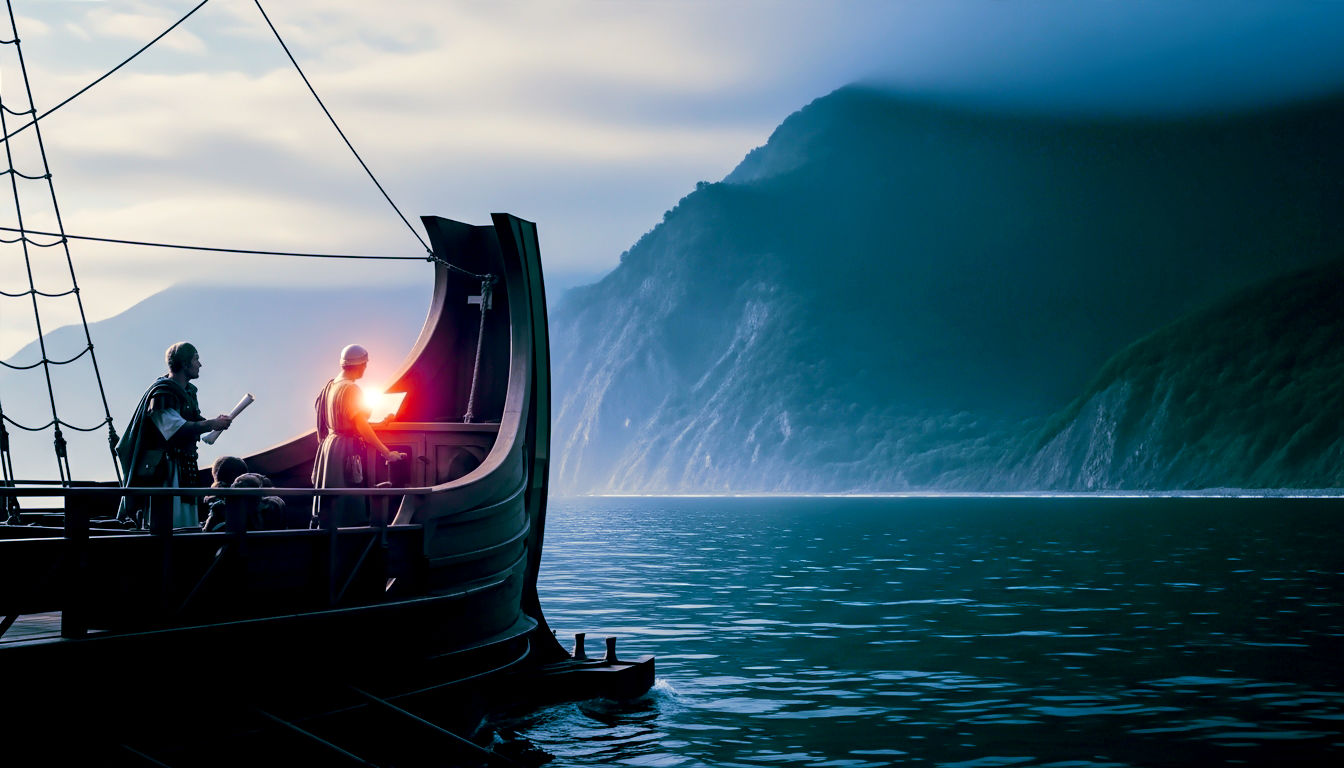 A hyper-realistic photograph in the style of a National Geographic feature. The image captures a Roman bireme warship sailing along a dramatic, misty coastline, with the dark, forested Caucasus mountains rising steeply from the Black Sea. The lighting is the soft, hazy sunlight of early morning, breaking through clouds. On the deck, a figure resembling a Roman official in travelling clothes (not armour) stands near the prow, looking intently towards the shore, perhaps holding a scroll. The mood is one of quiet, diligent exploration and the immense scale of the Roman frontier—evoking a sense of adventure and historical discovery. The colour palette should be rich with deep greens, greys, and the dark blue of the sea, with the polished wood of the ship providing a warm contrast.