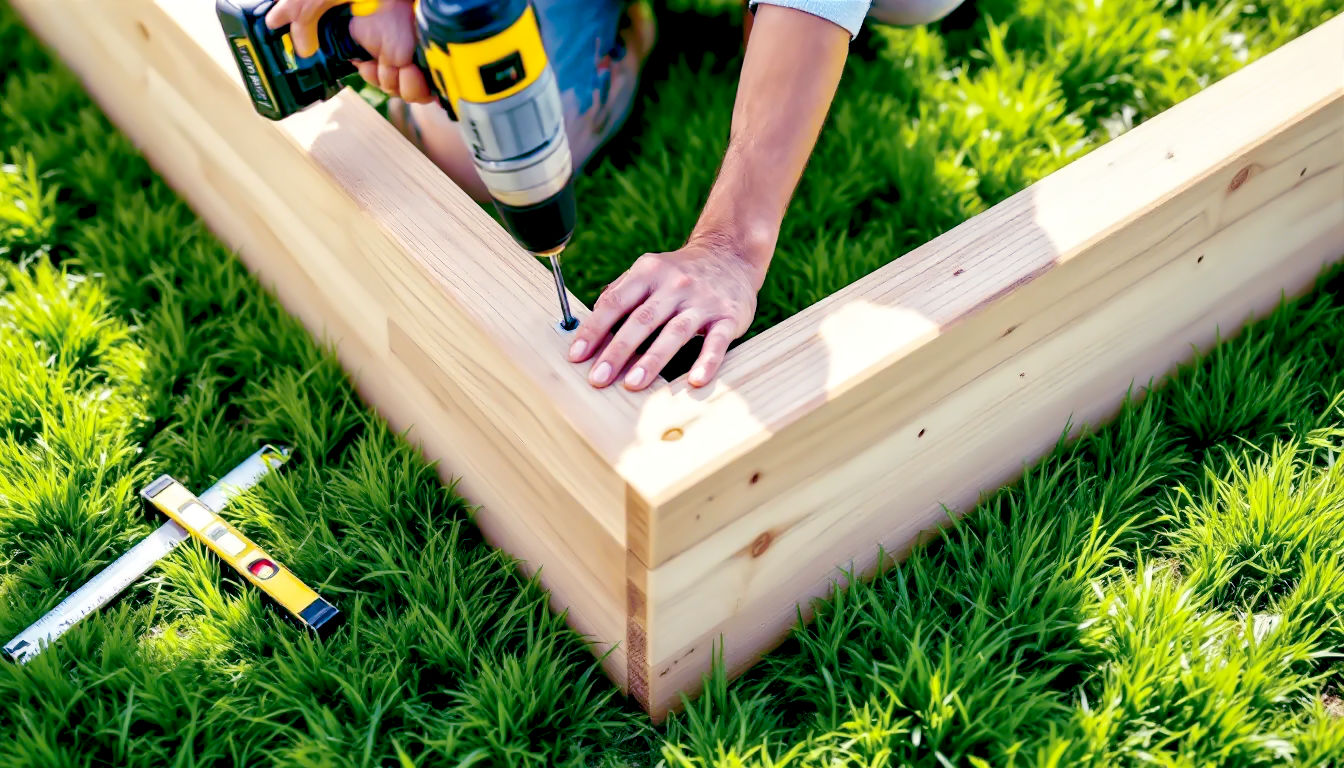 A hyper-realistic, professional action photograph in the style of a DIY magazine feature. The image shows a person's hands and torso as they assemble a new, untreated pine raised bed on a lush green lawn. One hand holds a cordless drill, driving a screw to connect two wooden planks at a corner. Tools, including a spirit level and a tape measure, are neatly laid out on the grass nearby. The lighting is bright and clear, suggesting a productive weekend morning. The shot focuses on the satisfying process of construction, making it look achievable and straightforward.