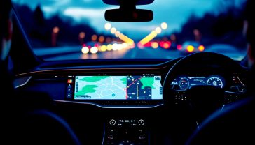 A hyper-realistic, professional photograph from the driver's perspective inside a modern, clean British car cockpit at dusk. The main focus is the glowing central infotainment screen clearly displaying the Apple CarPlay interface with large, colourful icons. The digital cockpit behind the steering wheel shows a navigation map. Soft, ambient interior lighting highlights the textures of the dashboard and leather steering wheel. Through the windscreen, the blurred lights of evening traffic on a British motorway (e.g., the M6 or M1) are visible, creating a sense of calm, control, and modern convenience. The style should be reminiscent of a high-end car brochure, with a shallow depth of field and a sophisticated, slightly cool colour palette.