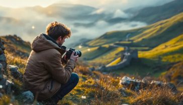 A hyper-realistic, professional photograph in the style of a National Geographic travel feature. A young person in their late 20s, wearing practical outdoor clothing like a Barbour jacket, is crouched down on a misty morning in the Peak District, perhaps near Mam Tor. They are holding a mirrorless camera and are intently focused on composing a shot of the dramatic, rolling green hills and stone walls revealed by the rising sun. The lighting is soft and golden, characteristic of the 'golden hour,' catching the mist and creating a sense of calm and creative focus. The mood is inspiring, authentic, and quintessentially British.