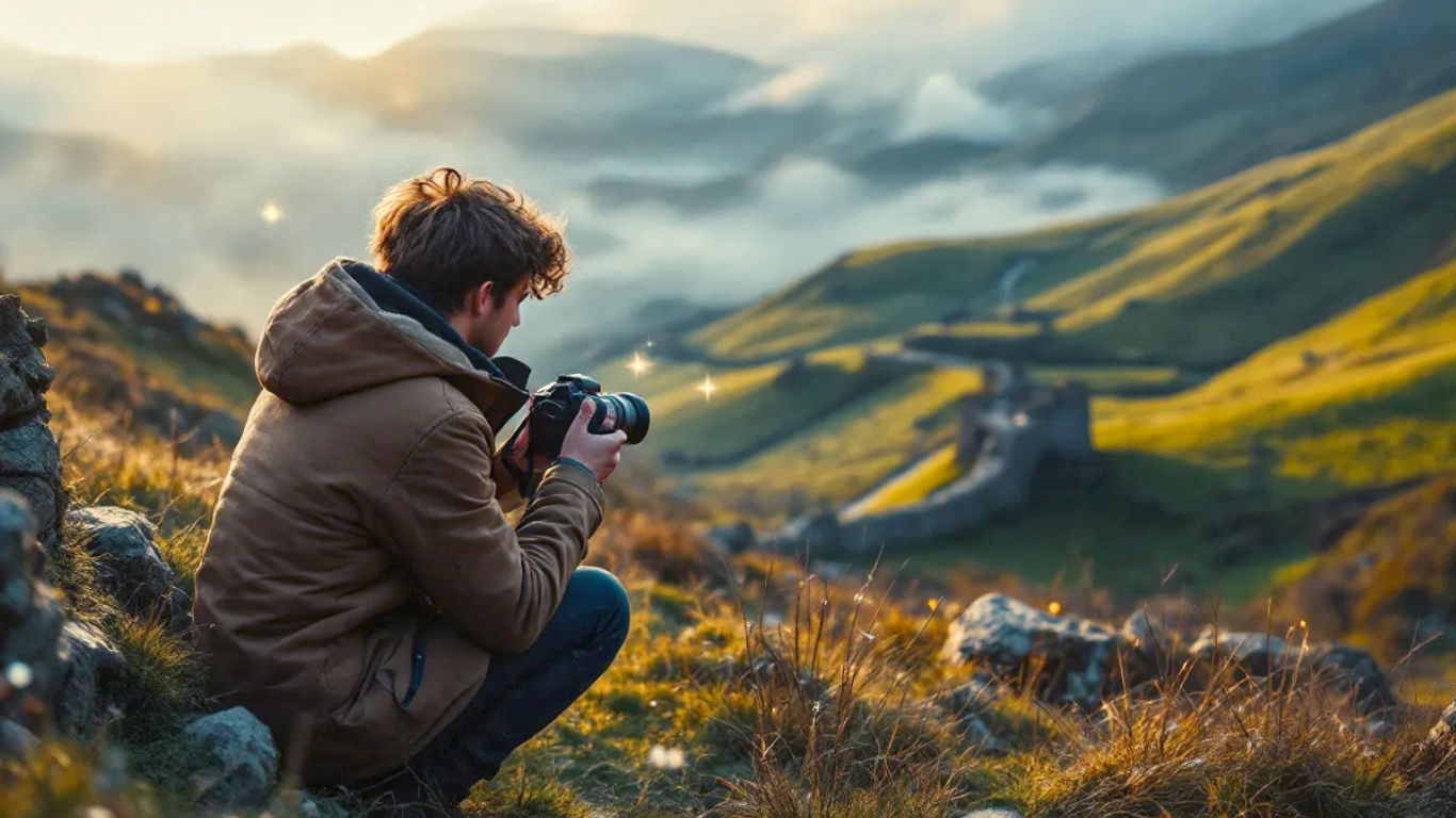 A hyper-realistic, professional photograph in the style of a National Geographic travel feature. A young person in their late 20s, wearing practical outdoor clothing like a Barbour jacket, is crouched down on a misty morning in the Peak District, perhaps near Mam Tor. They are holding a mirrorless camera and are intently focused on composing a shot of the dramatic, rolling green hills and stone walls revealed by the rising sun. The lighting is soft and golden, characteristic of the 'golden hour,' catching the mist and creating a sense of calm and creative focus. The mood is inspiring, authentic, and quintessentially British.