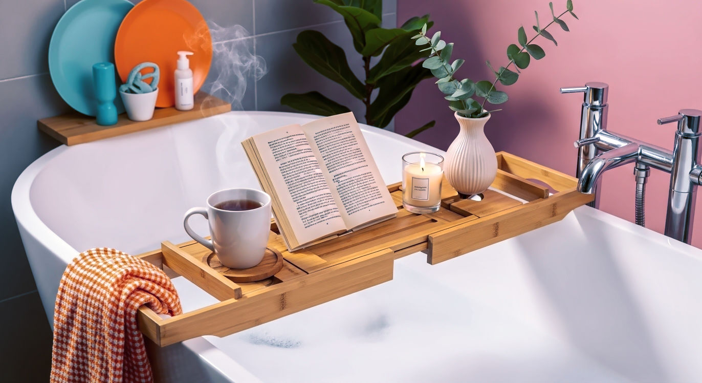 A beautiful, extendable bamboo bath caddy sits across a pristine white freestanding bathtub filled with bubbly water. On the caddy, there's a steaming mug of tea, an open paperback novel, a single lit candle in a glass jar, and a small vase with a sprig of eucalyptus. The lighting is soft and warm, coming from an off-camera source, creating a serene and inviting atmosphere.