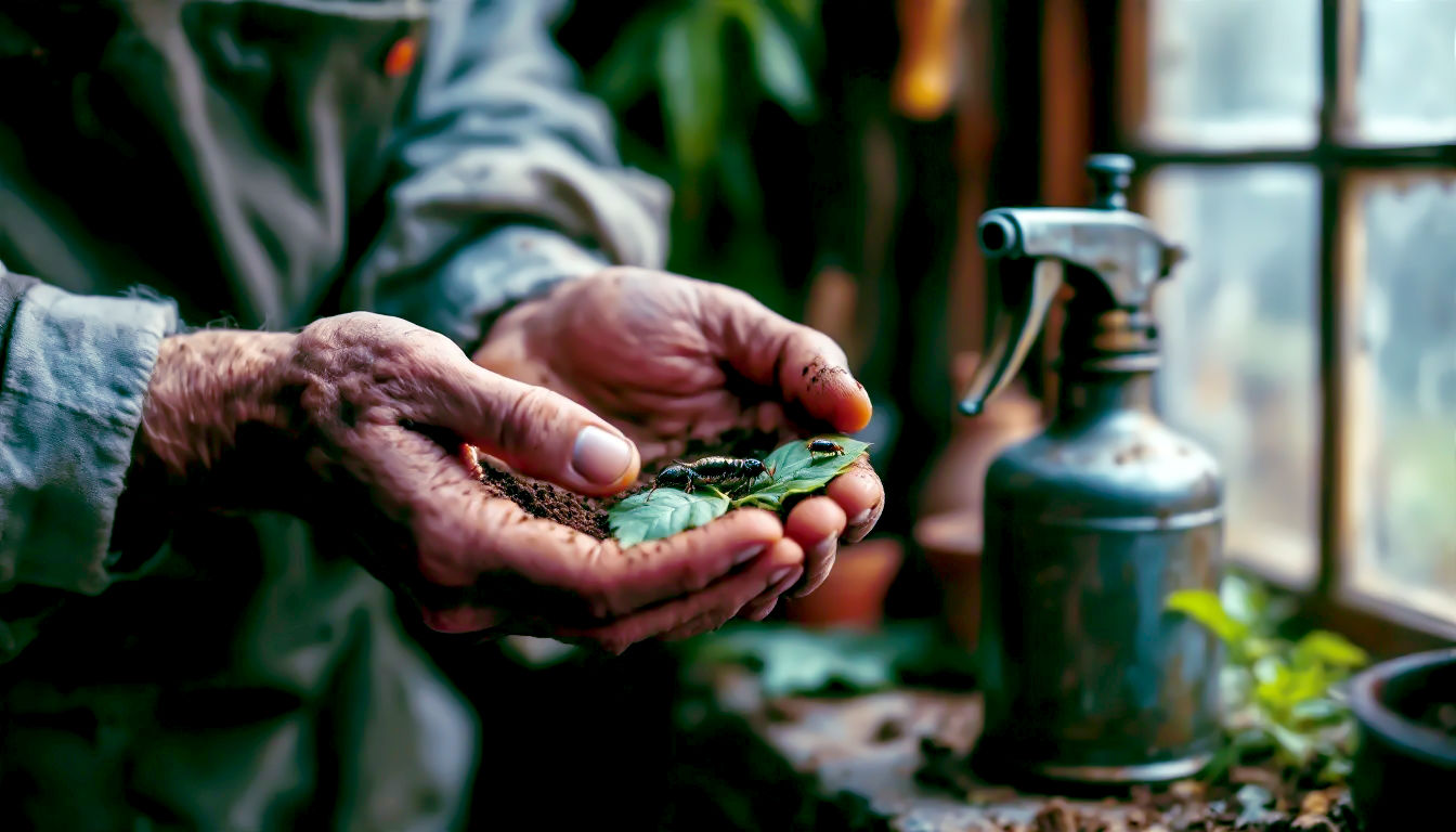 A hyper-realistic, professional photograph with a nostalgic, documentary feel. The shot is a close-up focusing on an elderly gardener's weathered, soil-stained hands gently cupping a leaf where a lacewing larva is hunting an aphid. In the softly-focused background, an old-fashioned, hand-pumped metal pesticide sprayer sits on a stone wall, looking like a relic of a bygone era. The scene is set in a classic British potting shed with terracotta pots and old wooden tools visible. The lighting is soft and atmospheric, filtering through a dusty window pane, evoking a sense of time, wisdom, and the gentle return to nature-first methods.
