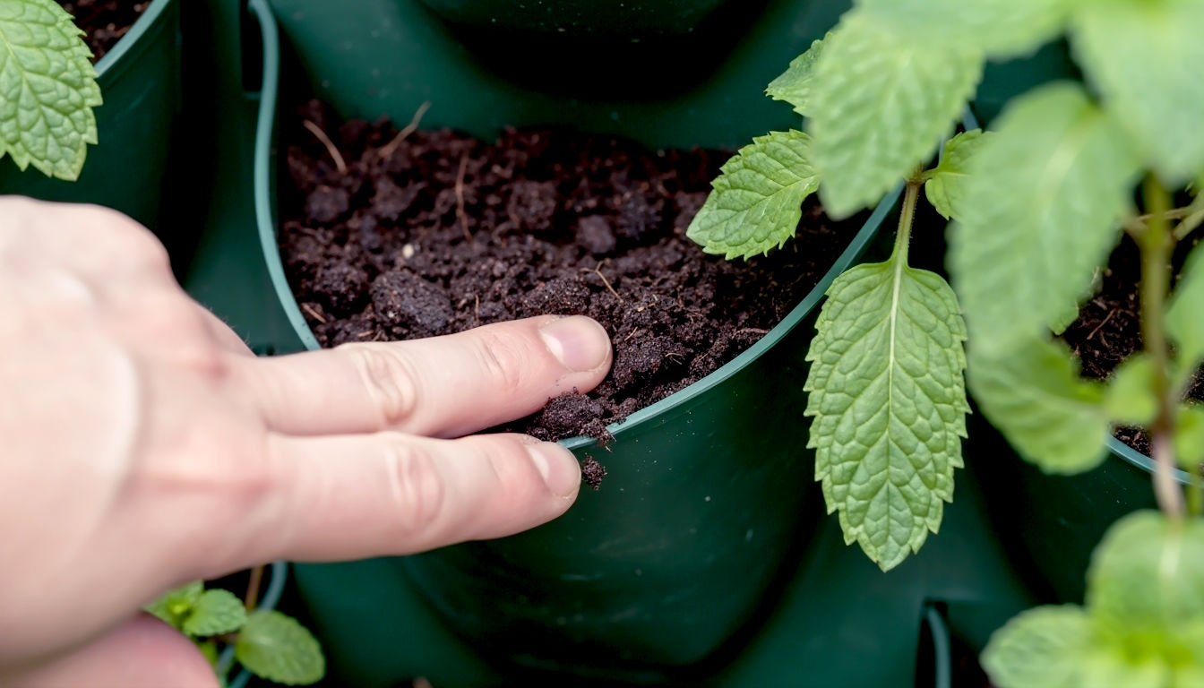 A hyper-realistic, educational macro photograph in the style of a helpful RHS (Royal Horticultural Society) guide. The image is a tight close-up on a single pocket of a vertical planter, showing a slightly wilting mint plant. A person’s finger is gently pressed into the compost, which is visibly dry and crumbly, demonstrating the primary cause of the plant's distress. The composition is highly focused, using a very shallow depth of field to blur the surrounding plants and highlight the diagnostic action. The lighting is clear and natural, revealing the fine texture of the soil and the drooping leaf. The mood is informative and reassuring, not alarming, clearly communicating a common problem and its simple, tactile solution.