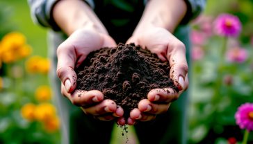 The shot captures a pair of hands, with slightly earthy fingers, holding a handful of rich, dark, crumbly compost. The compost is the central focus, showcasing its texture. In the soft-focus background, a well-tended British garden is visible with lush green foliage and colourful cottage-garden flowers. The lighting is soft, natural morning light, creating a warm, inviting, and inspiring mood. The overall feel is authentic, wholesome, and quintessentially British.