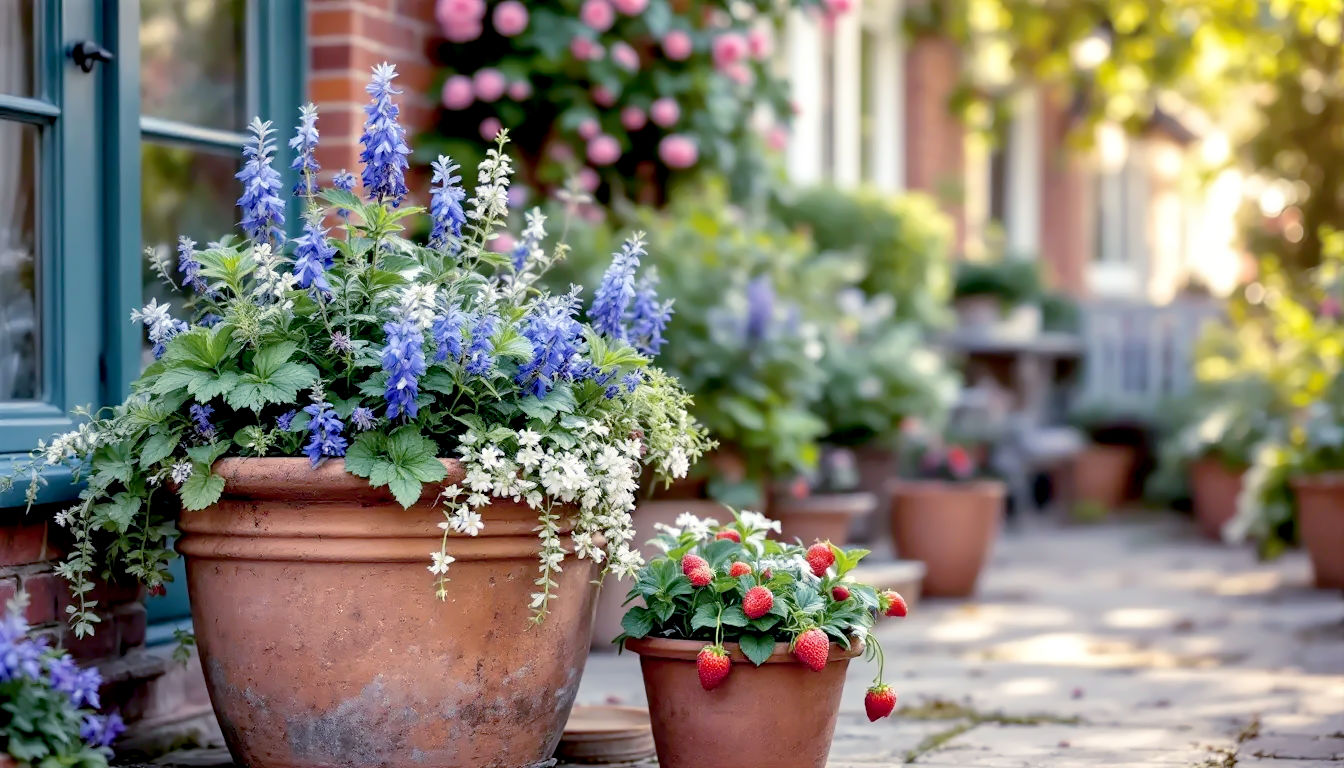 A hyper-realistic, professional photograph in the style of a BBC Gardeners' World feature. The scene is a charming British patio in soft, early morning light. In the foreground, a collection of rustic terracotta and weathered zinc planters are artfully arranged. One large pot overflows with a vibrant mix of deep blue salvias, silver-leafed cineraria, and trailing white bacopa. Next to it, a smaller pot contains a flourishing strawberry plant with ripe red fruit. In the background, a classic red brick wall with a climbing rose is slightly out of focus. The overall mood is peaceful, inspiring, and achievable, evoking the joy of British home gardening.
