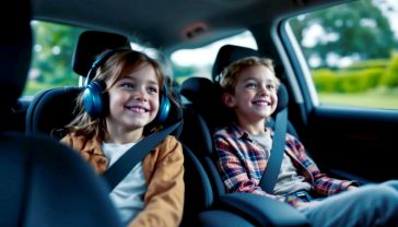 Hyper-realistic photograph, interior shot of a modern family car like a Nissan Qashqai, looking from the front towards the back seats. Two happy but calm children (aged 6-9) are in their car seats, each watching a different cartoon on bright, clear headrest video screens. One child wears blue wireless headphones. The view out the side window shows a blurred, typically British country lane with green hedgerows under a soft, overcast sky. The lighting is natural and diffused, creating a warm, peaceful family atmosphere. Style of a high-end, lifestyle car advertisement.