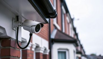A hyper-realistic, professional photograph capturing a dummy bullet-style surveillance camera mounted under the eaves of a classic British red-brick terraced house. The lighting is soft, overcast daylight, typical of the UK. The camera is slightly weathered but clean, with a realistic lens and a visible, thick black cable running into the wall, enhancing its authenticity. The focus is sharp on the camera, with the house facade and a neighbouring property slightly blurred in the background to create depth. The mood is one of quiet, unassuming security and vigilance. Style should be clean, professional, and trustworthy, like a feature in a home improvement magazine.