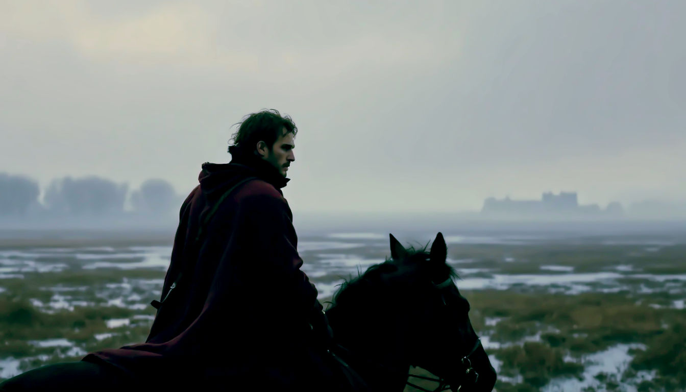 A hyper-realistic digital painting in the style of a Dutch Golden Age master like Rembrandt. Subject: A Dutch cavalry scout on a dark horse, looking out from a muddy, rain-soaked field across the flat, misty landscape of Flanders. In the far distance, barely visible through the morning fog, is the silhouette of a Spanish-held star-shaped fortress. Composition: The scout is in the foreground, slightly off-centre, his face etched with weariness and vigilance, his breath misting in the cold air. Lighting: Low, grey, overcast morning light, typical of a Northern European spring. Mood: Tense, quiet, and full of anticipation. The atmosphere should feel cold and damp. Palette: Dominated by earthy browns, greens, and greys.