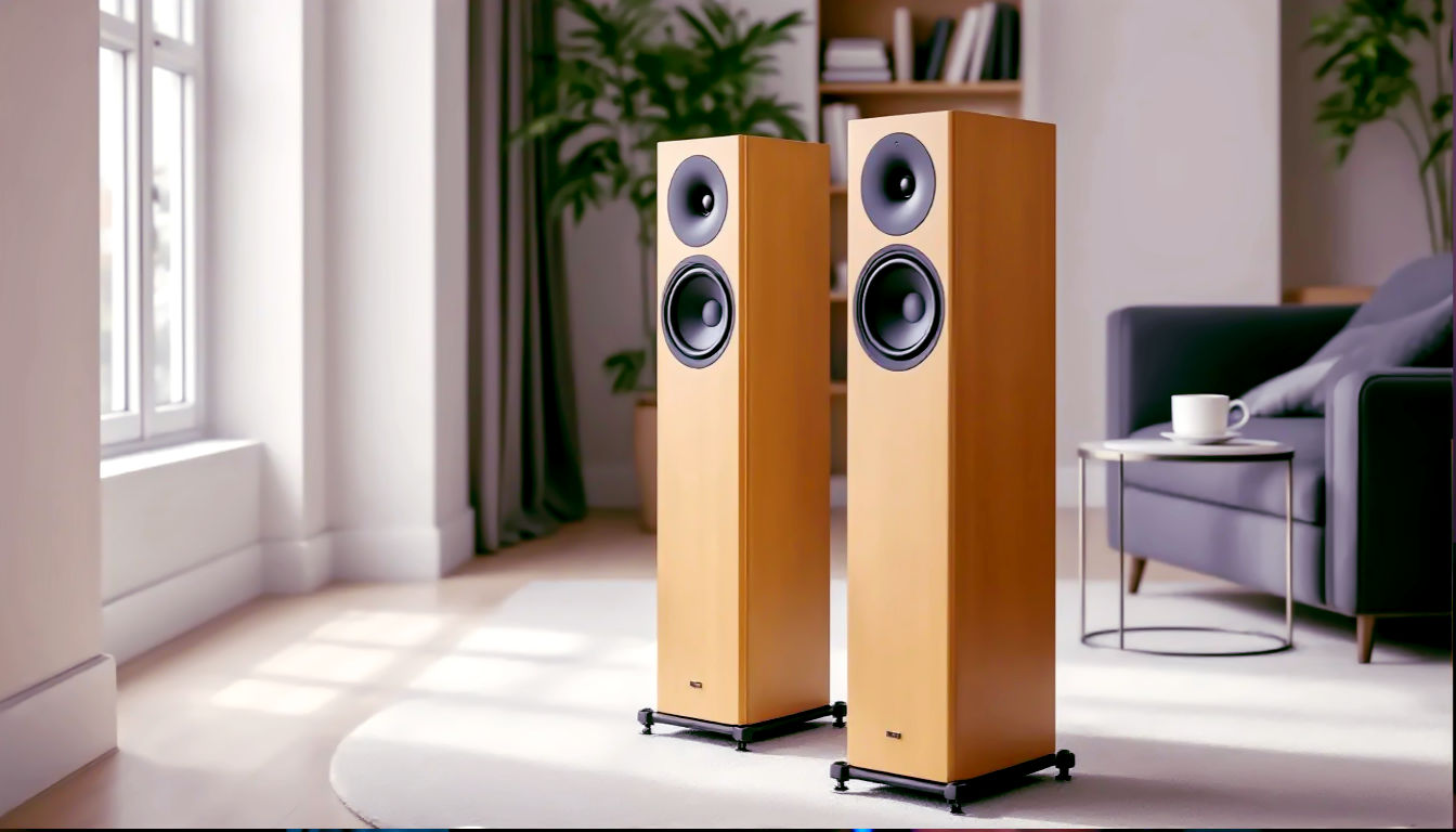 A hyper-realistic, professional photograph in the style of a feature in Livingetc or Elle Decor. The image captures a pair of elegant, modern floor standing speakers with a light oak or walnut wood finish, standing in a stylish, contemporary British lounge. The room is well-lit with soft, natural light coming from a large window on the left. One speaker is angled slightly towards the camera. In the background, there's a comfortable-looking charcoal grey sofa, a minimalist side table with a steaming mug of tea, and a thoughtfully curated bookshelf. The mood is calm, sophisticated, and aspirational, showcasing a perfect blend of high-technology and comfortable living.