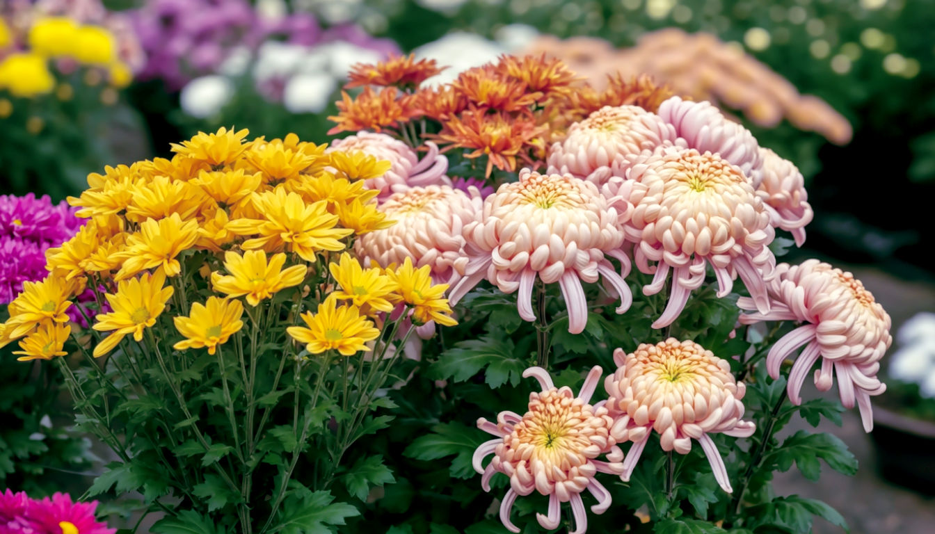 A hyper-realistic, high-definition photograph in the style of a Country Life feature, showing a beautiful arrangement of colourful chrysanthemums in a rustic terracotta pot on a weathered wooden table. The scene is set in a quintessential English cottage garden in autumn. Soft, diffused golden-hour lighting filters through a misty haze, highlighting dew drops on the petals. The mood is tranquil and nostalgic. The colour palette is a mix of deep oranges, vibrant yellows, and rich burgundies, with a backdrop of faded green foliage. The focus is on the intricate detail of the petals, with a slightly shallow depth of field. A classic British robin is perched on a nearby garden fence, adding a touch of authentic, lifelike detail.