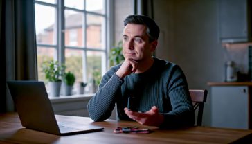 A hyper-realistic photograph in the style of a modern tech blog feature. A friendly-looking British person in their early 40s is sitting at a wooden kitchen table with a laptop open. They are thoughtfully comparing three different types of GPS trackers in their hand: a small, black magnetic vehicle tracker; a compact, colourful pet tracker attached to a dog collar; and a discreet personal tracker on a lanyard. The lighting is soft and natural, coming from a nearby window overlooking a typical British garden. The mood is calm, informative, and reassuring, conveying a sense of smart consumer choice and peace of mind.