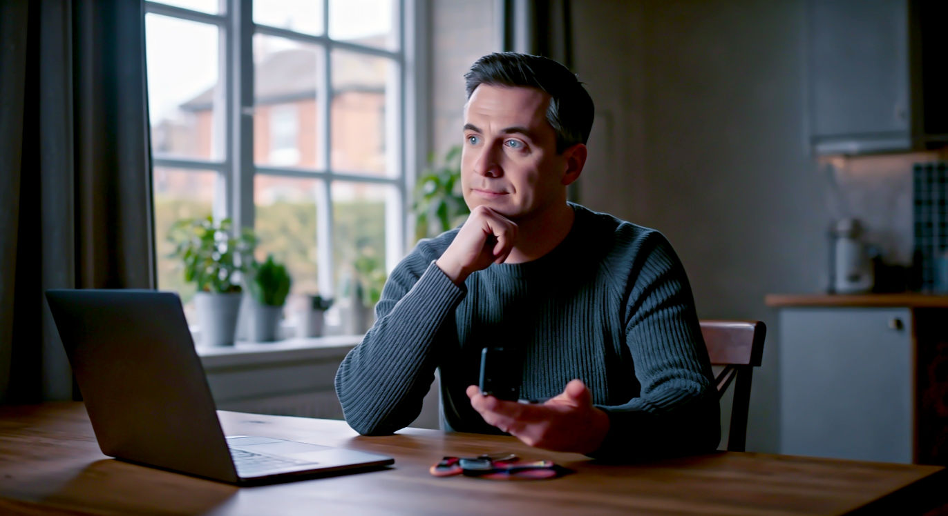 A hyper-realistic photograph in the style of a modern tech blog feature. A friendly-looking British person in their early 40s is sitting at a wooden kitchen table with a laptop open. They are thoughtfully comparing three different types of GPS trackers in their hand: a small, black magnetic vehicle tracker; a compact, colourful pet tracker attached to a dog collar; and a discreet personal tracker on a lanyard. The lighting is soft and natural, coming from a nearby window overlooking a typical British garden. The mood is calm, informative, and reassuring, conveying a sense of smart consumer choice and peace of mind.