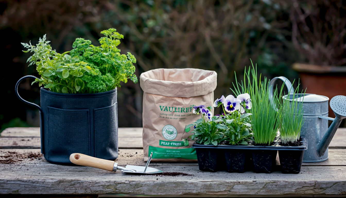 A hyper-realistic photograph styled like a top-down "knolling" shot for a Country Living "get started" guide. On a rustic, weathered wooden potting bench, all the essential items for starting a vertical garden are neatly and artfully arranged. This includes a brand new, dark grey fabric pocket planter, a small stainless steel hand trowel, a bag of peat-free compost with its corner open, a tray of healthy-looking plug plants (parsley, chives, and violas), and a classic galvanised steel watering can. The lighting is crisp and clear, as if taken outdoors on a bright morning. The mood is practical, organised, and encouraging, making the project feel accessible and exciting for a beginner.