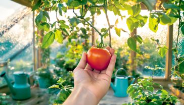 A hyper-realistic photograph in the style of a Country Living magazine feature, showing a hand gently cupping a perfect, ripe red 'Gardener's Delight' tomato on the vine. The scene is set in a small, rustic British greenhouse with wooden frames and condensation on the glass. A watering can sits on a potting bench in the softly diffused, golden-hour light. The focus is on the fruit, with a shallow depth of field, evoking a sense of calm, natural beauty and the simple pleasure of gardening.