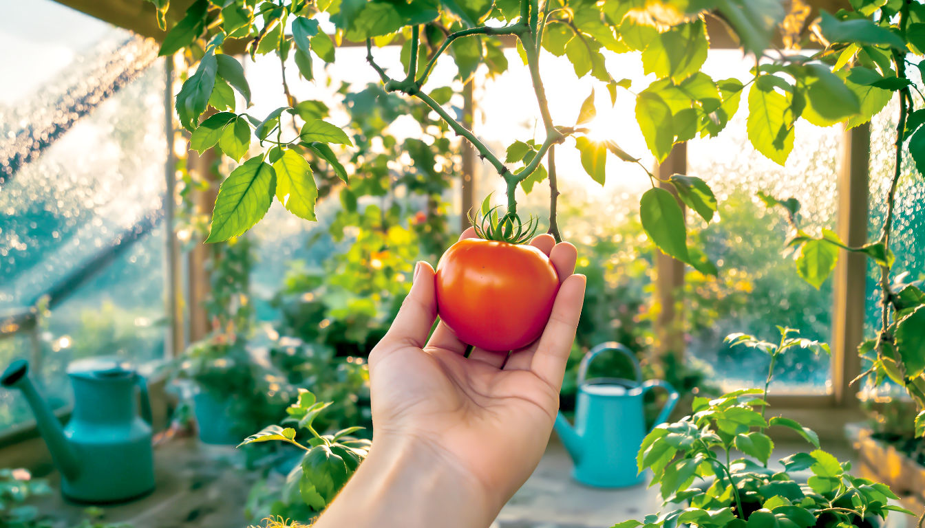 A hyper-realistic photograph in the style of a Country Living magazine feature, showing a hand gently cupping a perfect, ripe red 'Gardener's Delight' tomato on the vine. The scene is set in a small, rustic British greenhouse with wooden frames and condensation on the glass. A watering can sits on a potting bench in the softly diffused, golden-hour light. The focus is on the fruit, with a shallow depth of field, evoking a sense of calm, natural beauty and the simple pleasure of gardening.