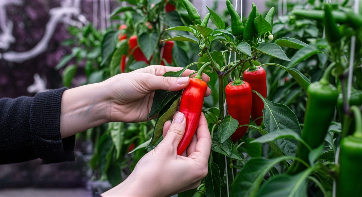 A hyper-realistic, professional photograph in the style of a Gardener's World magazine feature. A close-up shot of a pair of hands carefully harvesting a vibrant, ripe red 'Apache' chilli pepper from a healthy, dew-kissed plant in a British greenhouse. The background is softly blurred, showing more pepper plants laden with green and red fruits. The lighting is soft and natural, evoking a warm late-summer morning. The mood is satisfying, bountiful, and inspiring.