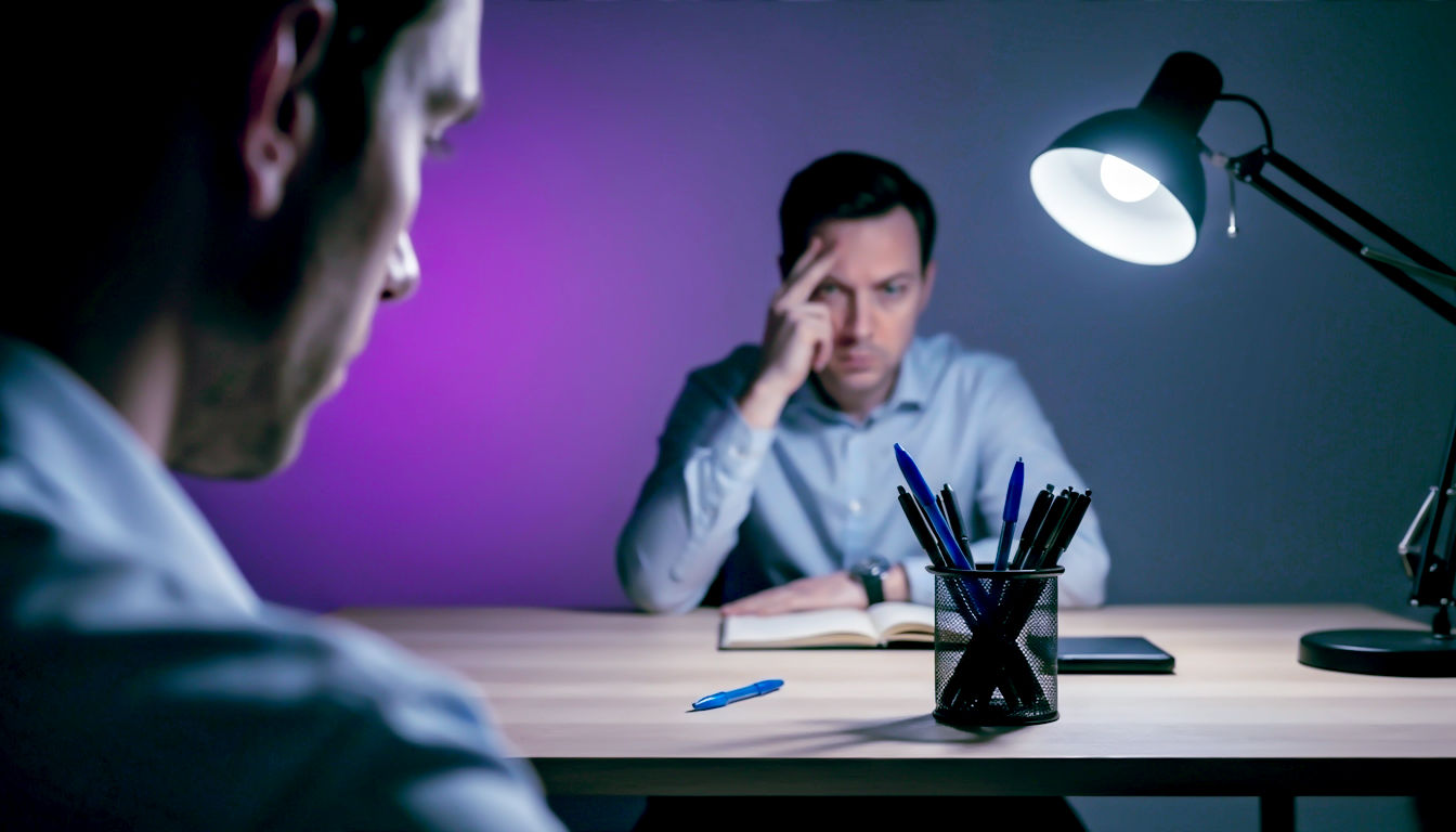 A hyper-realistic photograph in the style of a modern British psychological thriller film poster. A man in his late 30s, looking stressed and analytical, sits at a perfectly neat, minimalist wooden desk in a dimly lit home office. On the desk, a single blue pen sits jarringly in a pot otherwise filled with identical black pens. The camera is positioned over his shoulder, focusing on the pens, with the man's face slightly out of focus in the foreground. The lighting is moody and atmospheric, with a single desklamp casting long, dramatic shadows. The colour palette is muted with cool tones of grey and blue, evoking a sense of quiet, intellectual dread and unease. The overall mood is tense, cerebral, and subtly unnerving.