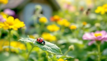 A hyper-realistic, professional photograph in the style of a BBC Gardeners' World feature. The image captures a lush, quintessential British cottage garden border in soft, late afternoon summer light. In the foreground, a vibrant red ladybird is prominently crawling on a green leaf speckled with a few aphids, clearly in the act of hunting. In the mid-ground, out of focus, are the bright, simple flowers of cosmos and calendula, with a hoverfly sipping nectar from one. The background shows a rustic, weathered wooden bug hotel partially visible amongst the foliage. The overall mood is one of a thriving, balanced, and beautiful ecosystem, evoking a sense of natural harmony and effective organic gardening.