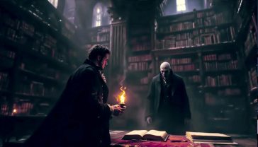 A hyper-realistic photograph in the style of a historical drama film still. The scene is a vast, dust-choked library within a crumbling French château. A gaunt, aristocratic man in his late 20s (Count Antoine), dressed in dark, 19th-century attire, stands frozen in shock. He is holding a flickering oil lamp that casts long, dancing shadows across towering shelves of ancient books. The lamplight illuminates a single, heavy oak table where an ancient, leather-bound manuscript lies open. From a dark corner, the menacing figure of a preternaturally old man (Charles le Sorcier) emerges, his face a mask of cold, intelligent fury. The lighting is dramatic chiaroscuro, creating a tense, claustrophobic atmosphere of Gothic dread and suspense. The colour palette is muted and desaturated, dominated by dusty browns, deep greys, and the faint crimson of old velvet curtains.