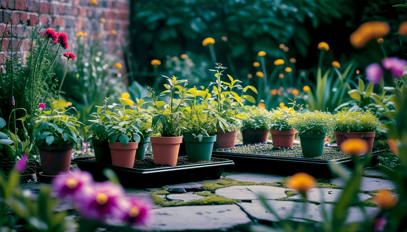 A hyper-realistic, professional photograph in the style of The English Garden magazine. A collection of healthy, vibrant young plants in various pots are arranged on a weathered stone patio, placed in a sheltered spot against the warm brick wall of a cottage. A gentle, dappled spring sunlight filters through nearby trees. One of the trays is partially covered with a protective layer of horticultural fleece. The background shows a lush, green garden just coming into its own. The mood is one of transition, resilience, and the final, careful step before the plants join the wider garden.