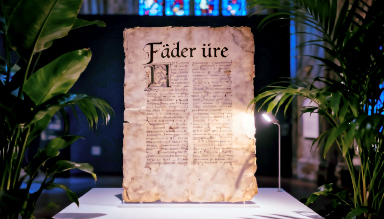 A hyper-realistic photograph in the style of a museum exhibit. An ancient, weathered manuscript page featuring the Old English Lord's Prayer ('Fæder ūre') is illuminated by a soft, single light source from the side. In the soft-focus background, a stained-glass window from a classic English church is visible, casting faint, coloured light. The mood is reverent, historical, and scholarly, with a rich, dark palette emphasizing the texture of the vellum and the faded ink.