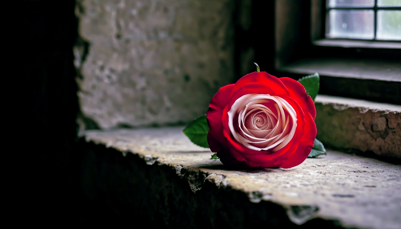 A hyper-realistic photograph in the style of a BBC historical documentary still. A single, perfect Tudor Rose (a red rose with a white rose inside) rests on a weathered, medieval stone windowsill. The lighting is dramatic, like a Rembrandt painting, with a strong light source catching the intricate details of the petals and casting deep shadows. The background is dark and out of focus, suggesting a castle interior. The mood is historic, symbolic, and evocative of Britain's rich past.