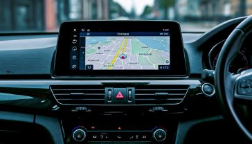 A hyper-realistic photograph from the driver's perspective inside a modern, clean car interior, like a VW Golf or Audi A3. The focus is on a brightly lit, aftermarket Double DIN in-dash screen displaying a colourful satellite navigation map of a familiar UK location, perhaps central London or the Lake District. The steering wheel is slightly visible to the side. The lighting is soft and natural, as if on a typical British overcast day, creating a realistic, aspirational feel. The mood is calm, modern, and tech-savvy. Dashboard configuration with steering wheel on the right for a British audience