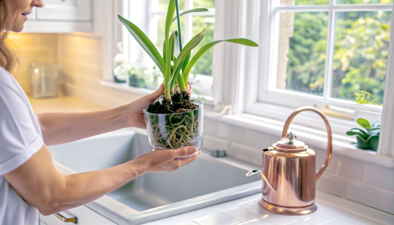 A warm, lifestyle photograph in the style of a Country Living magazine feature. The image shows a pair of hands gently holding a clear orchid pot, showcasing the healthy, plump, silvery-green roots inside. The shot is taken over the shoulder of a person standing at a classic butler sink in a British kitchen. In the soft-focus background, there's a window looking out onto a green garden, and a vintage copper watering can sits on the side. The lighting is soft, natural daylight, creating an atmosphere that is nurturing, achievable, and pleasant.