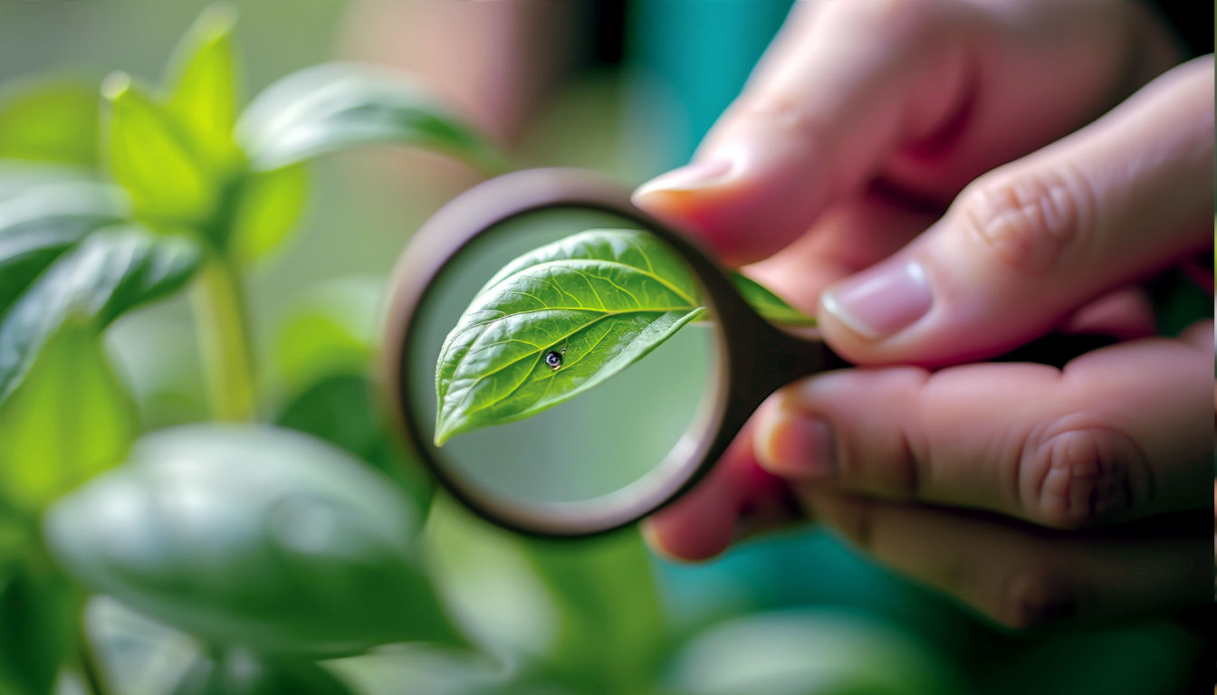 A detailed, macro photograph focusing on a single basil leaf. A pair of expert hands holds a small magnifying glass over the leaf, revealing a tiny, almost imperceptible blemish or a slight hole. The rest of the plant and the person's face are out of focus. The light is bright and focused, creating a sense of scientific scrutiny and care. The overall mood is one of quiet determination, suggesting a gardener solving a problem rather than giving up.