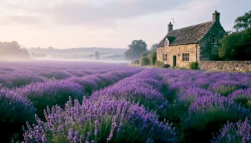 A professional, hyper-realistic photograph in the style of a Country Living magazine feature. A wide shot of a vast lavender field in full bloom in the Cotswolds, under a soft, slightly overcast British sky. The composition should be warm and inviting, with a small, traditional stone wall cottage in the background. The lighting is soft and natural, with a gentle mist on the horizon, evoking a sense of calm and heritage.