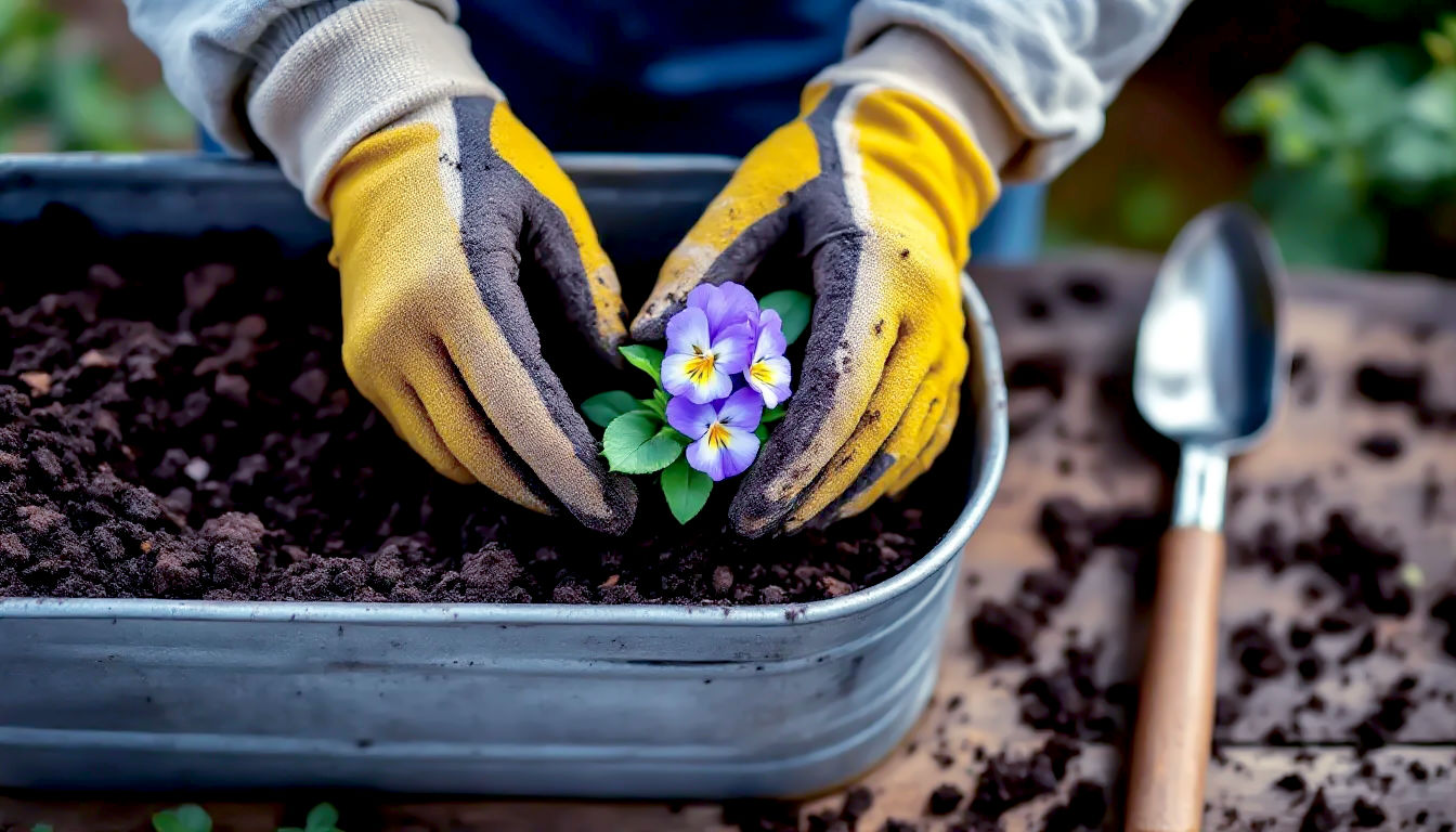 A hyper-realistic photograph capturing an overhead, hands-on moment, in the style of a practical RHS guide. A pair of hands in well-worn gardening gloves is carefully positioning a small viola plant into a galvanised zinc trough filled with dark, crumbly compost. A hand trowel with a wooden handle rests nearby. The lighting is bright and clear, illuminating the action. The mood is instructional, encouraging, and captures the satisfying process of planting.